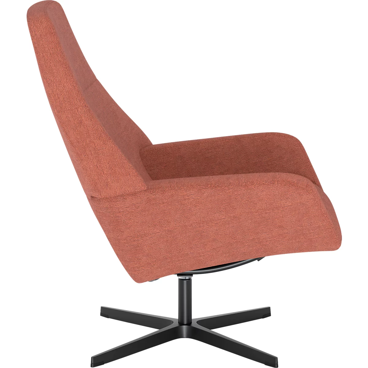 Un fauteuil couleur terre cuite avec un dossier haut sur un piètement en étoile noir sur fond blanc.