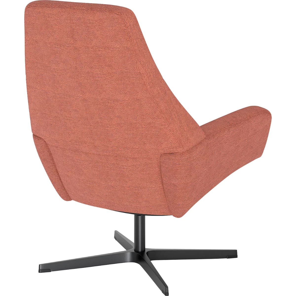 Vue arrière d'un fauteuil rembourré couleur corail avec une base pivotante noire à quatre pieds sur fond blanc.