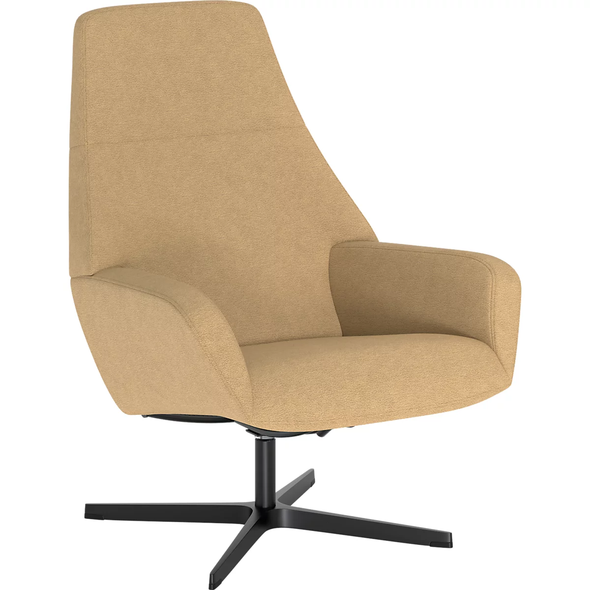 Fauteuil beige avec dossier haut sur une base pivotante noire à quatre branches.