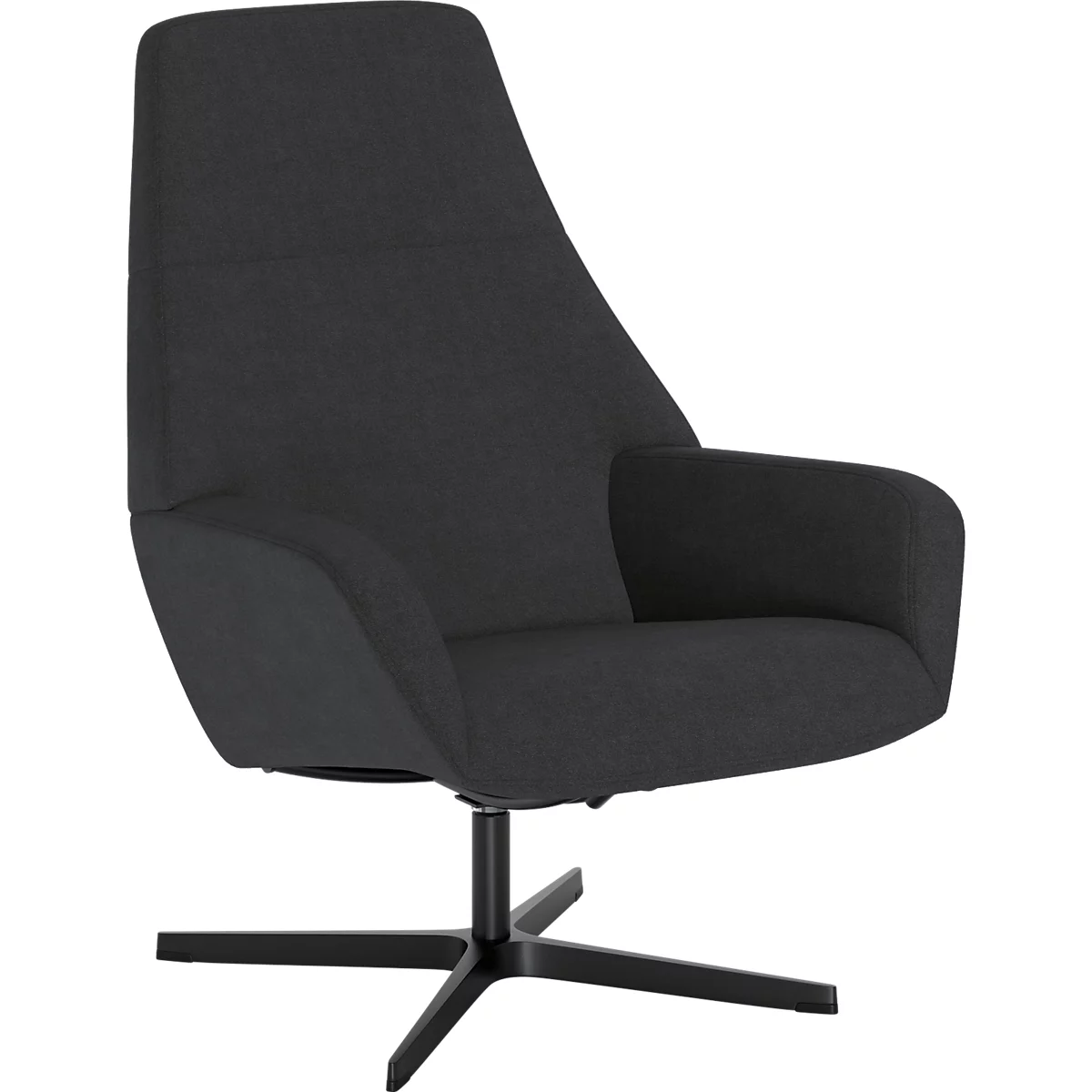 Fauteuil lounge moderne gris foncé avec dossier haut sur un piètement en étoile noir.