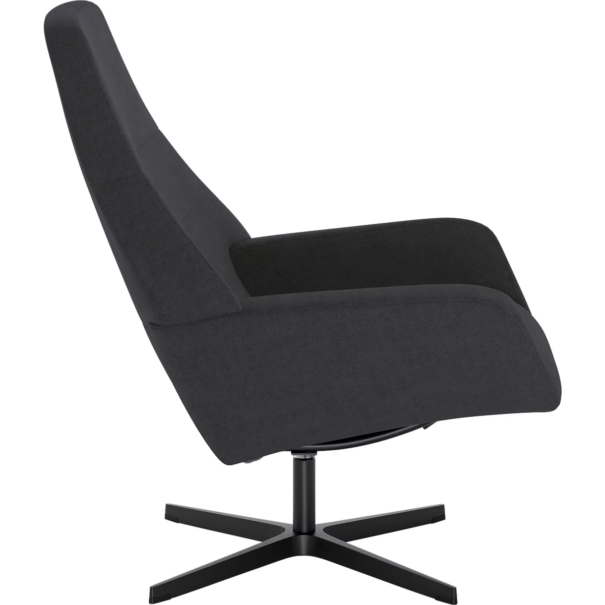 Fauteuil moderne gris foncé à dossier haut sur une base pivotante noire à quatre branches.