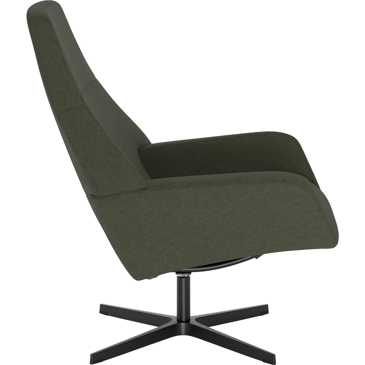 Fauteuil lounge moderne vert foncé avec dossier haut sur un pied pivotant noir à quatre branches.