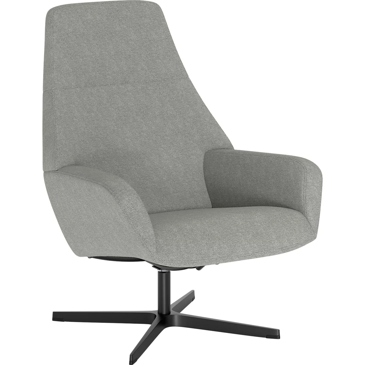 Fauteuil gris avec dossier haut et pied étoile noir sur fond blanc.