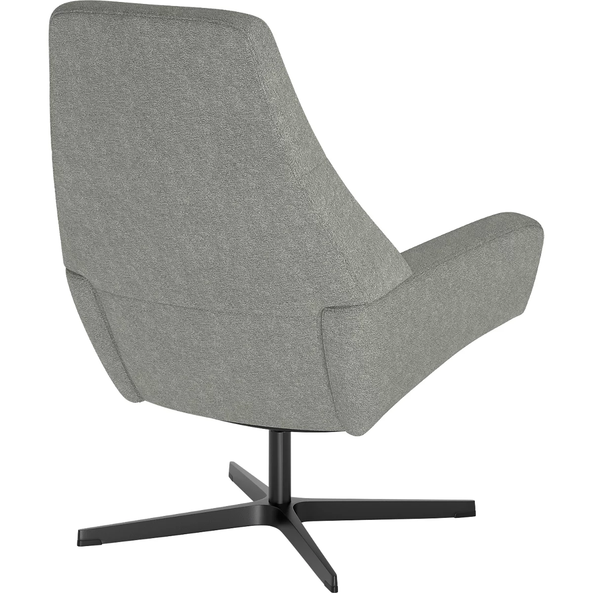 Vue arrière d'un fauteuil rembourré gris clair avec une base pivotante noire à quatre branches sur fond blanc.
