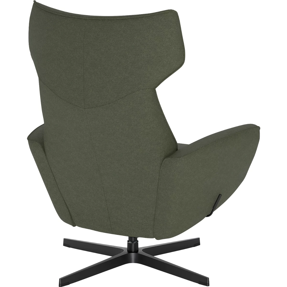 Vue arrière d'un fauteuil vert olive avec dossier haut sur un pied en étoile noir sur fond blanc.