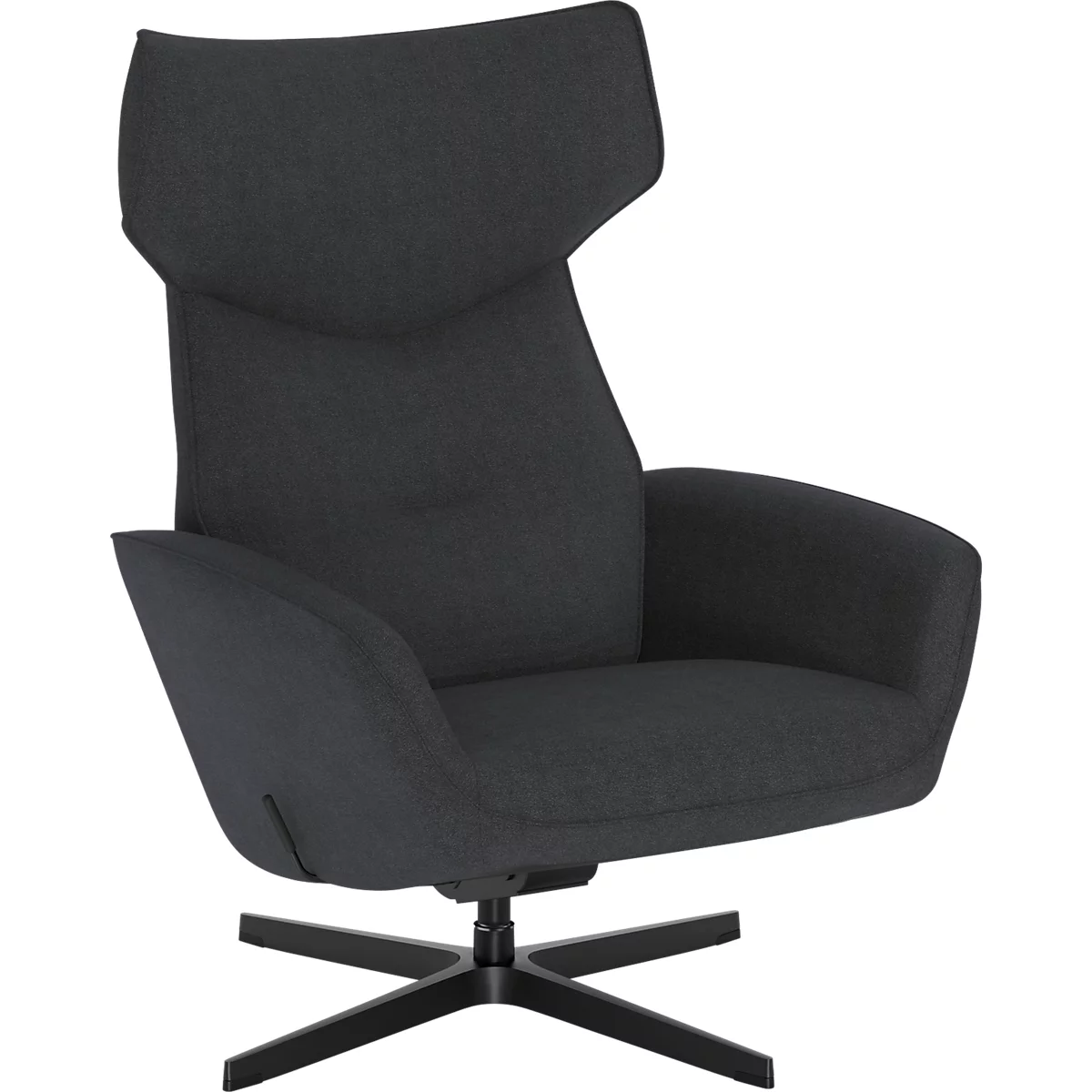 Fauteuil lounge moderne gris foncé avec dossier haut sur un piétement en croix noir sur fond blanc.