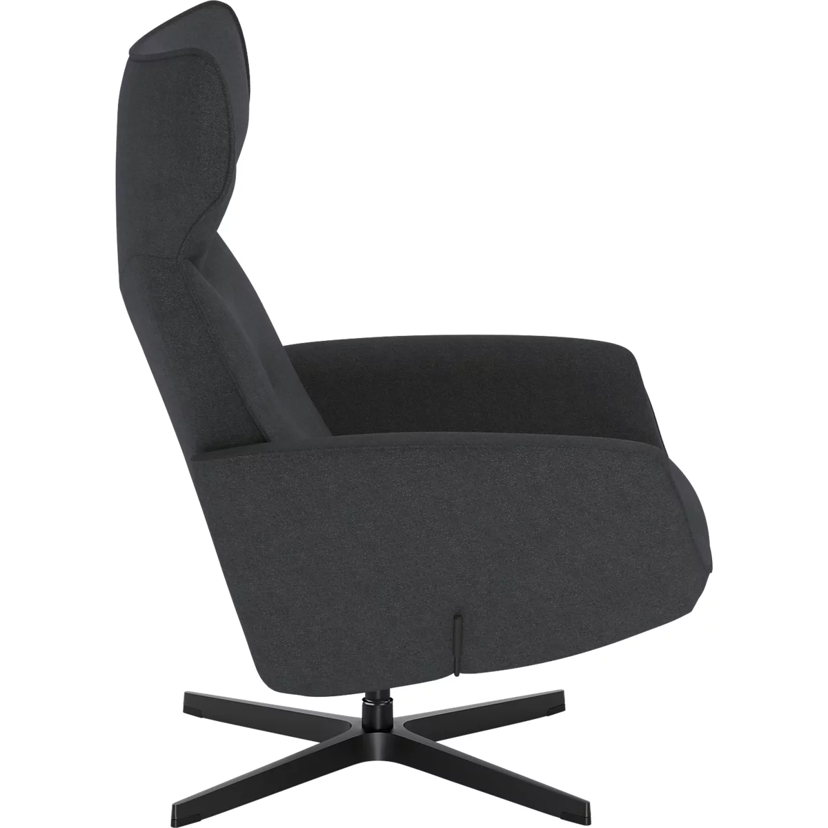 Fauteuil gris foncé avec dossier haut et pied en étoile noir, vu de côté sur un fond blanc.