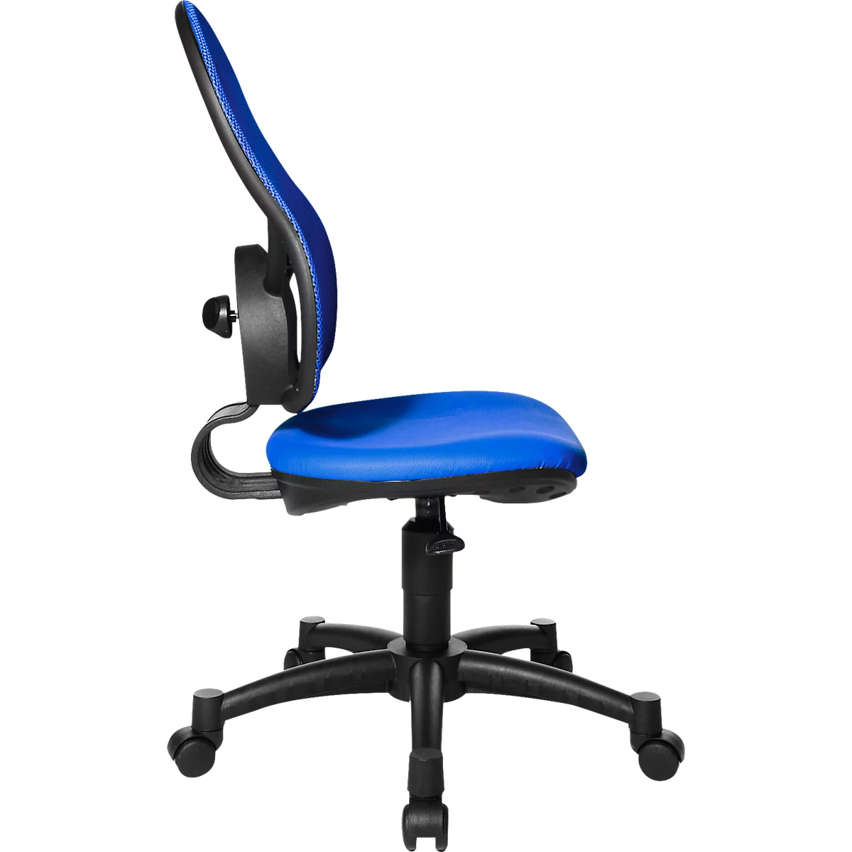 Chaise de bureau bleue, vue latérale. Dossier et assise bleus, cadre noir.