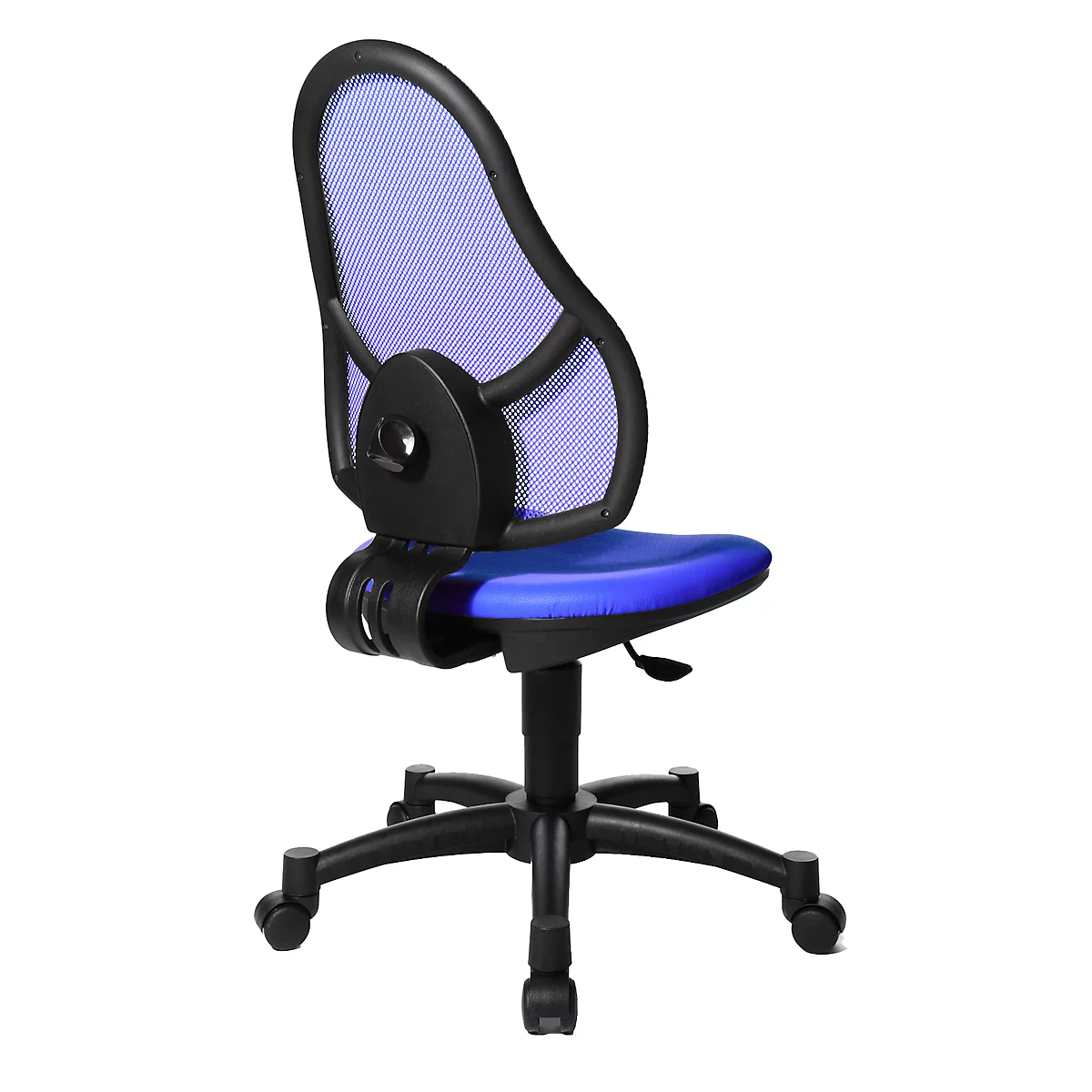 Fauteuil pivotant pour enfants Open Art Junior, sans accoudoirs, assise galbée, dossier en filet, bleu/noir