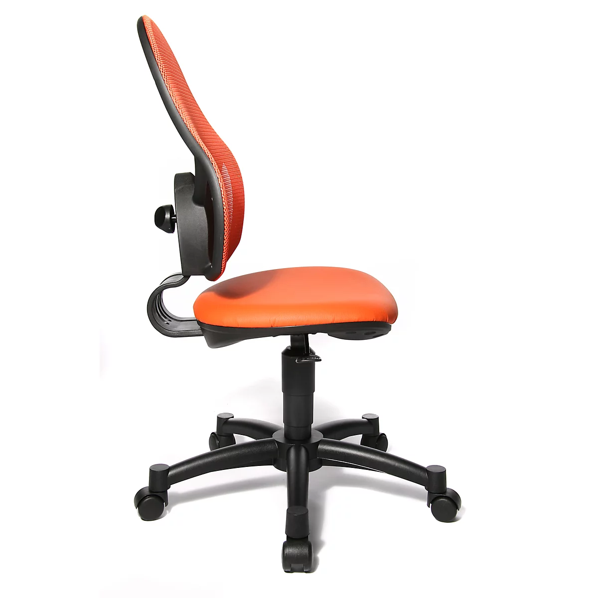 Fauteuil pivotant pour enfants Open Art Junior, sans accoudoirs, assise galbée, dossier en filet, orange/noir