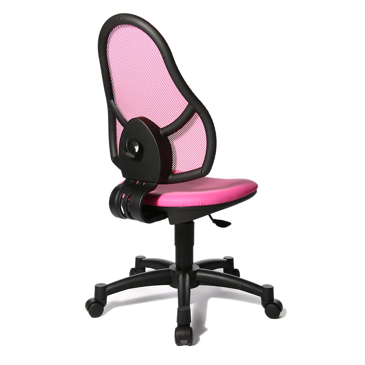 Fauteuil pivotant pour enfants Open Art Junior, sans accoudoirs, assise galbée, dossier en filet, rose/noir