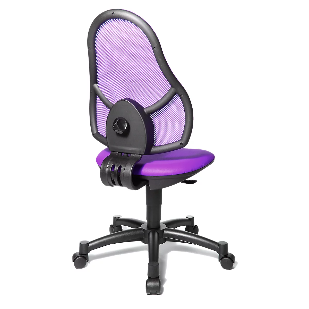 Fauteuil pivotant pour enfants Open Art Junior, sans accoudoirs, assise galbée, dossier en filet, violet/noir
