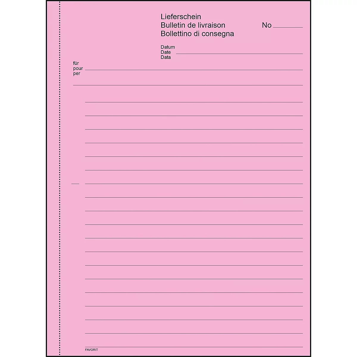 Pink delivery note with text in German, French and Italian.