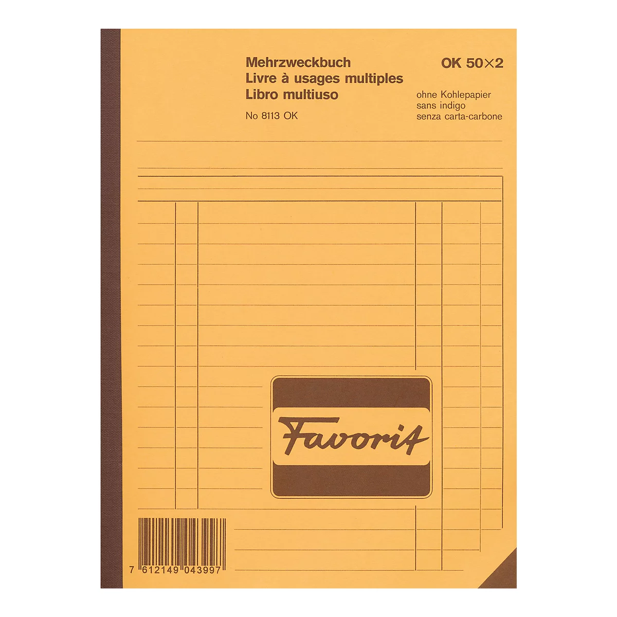 Yellow multi-purpose book with lined pages, titles in German, French, and Spanish, and a "Favorit" logo.