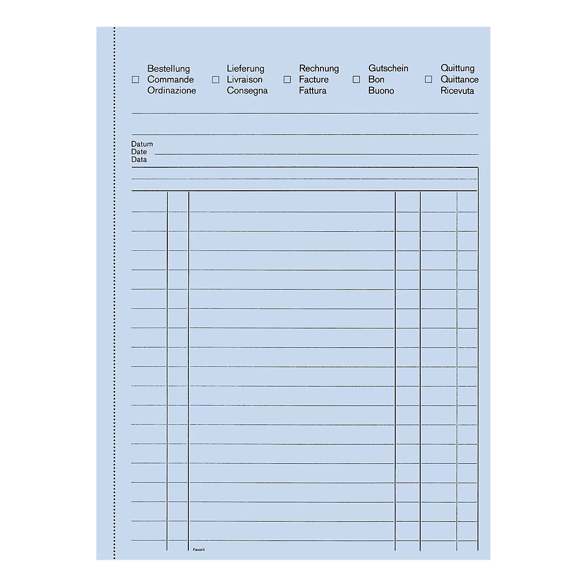 Blue form with fields for order, invoice etc. Headings in German, French, Italian. For notes and tables.