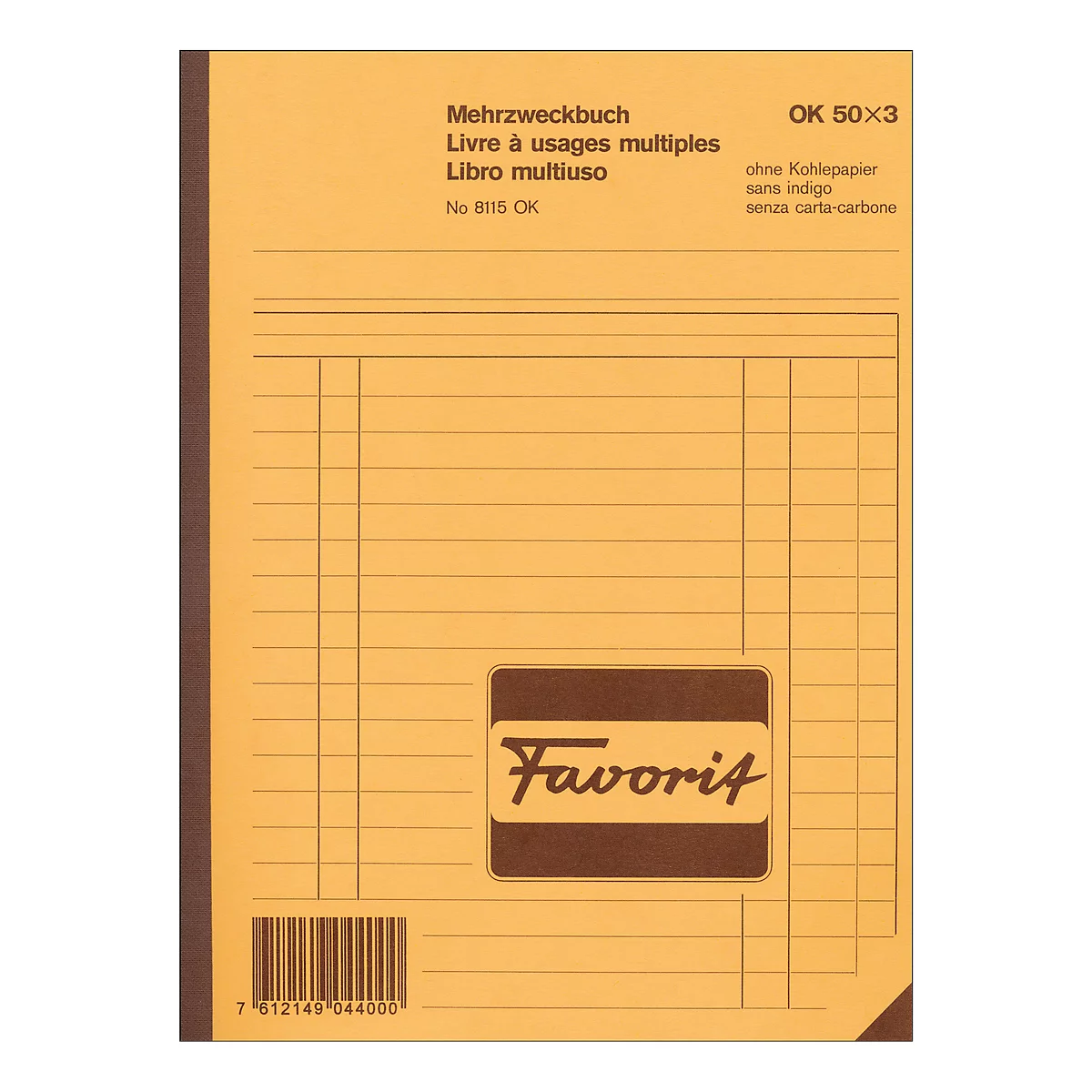 A yellow notepad with the word "Favorit". At the top it says "Mehrzweckbuch" in different languages.