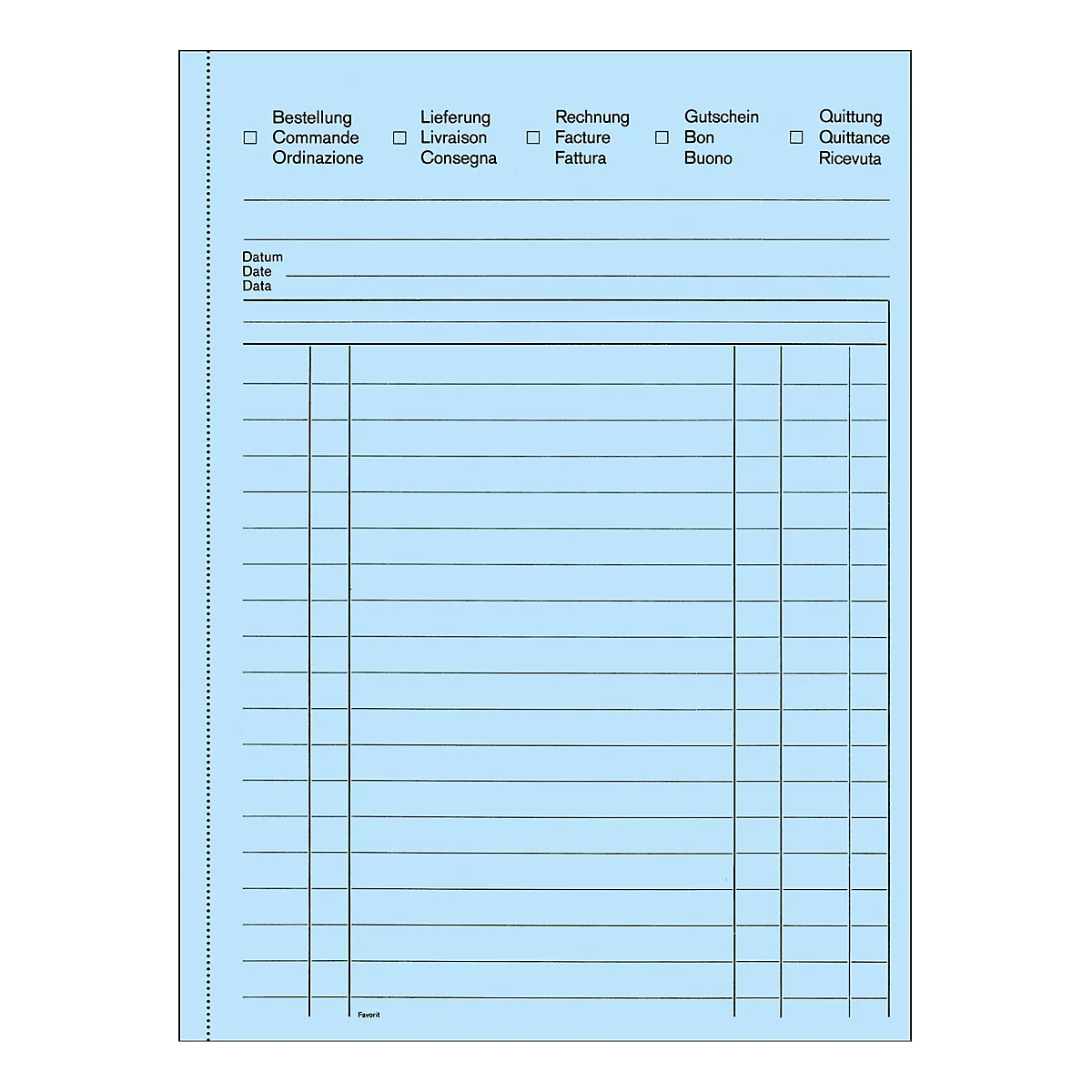 Blue form with labels for 'Order', 'Delivery', 'Invoice', 'Voucher', 'Receipt'. Fields to be filled.