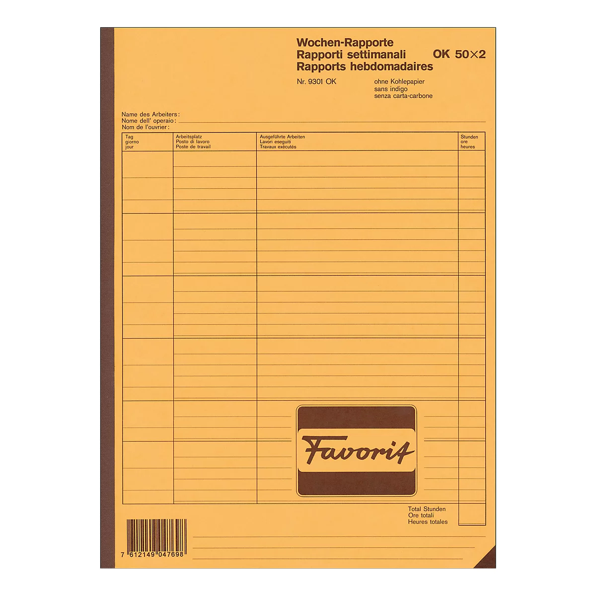 Yellow notebook with black text, weekly reports. Bottom logo Favorit.
