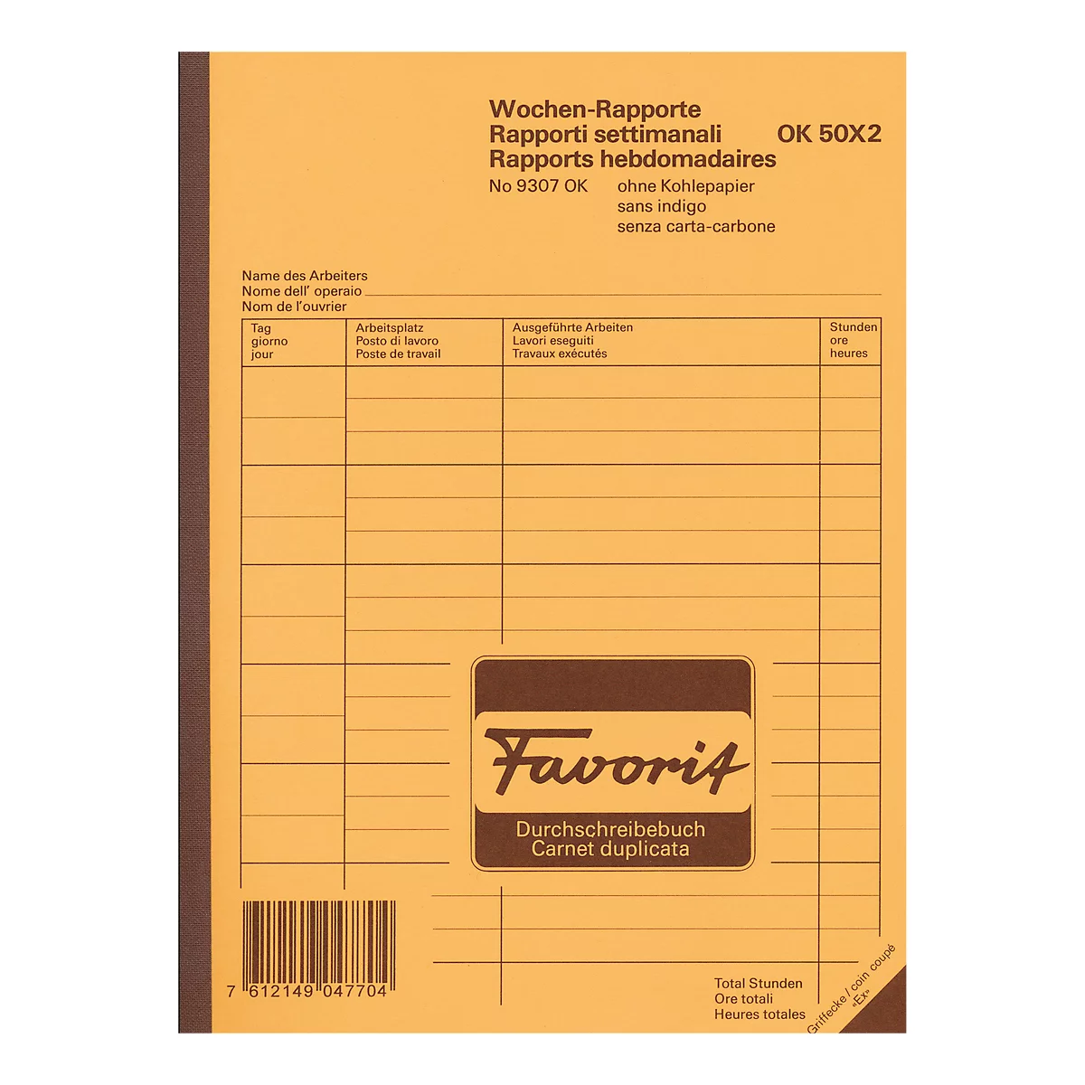 Notebook with brown cover and yellow pages, labeled with weekly reports. Below is the Favorit logo.