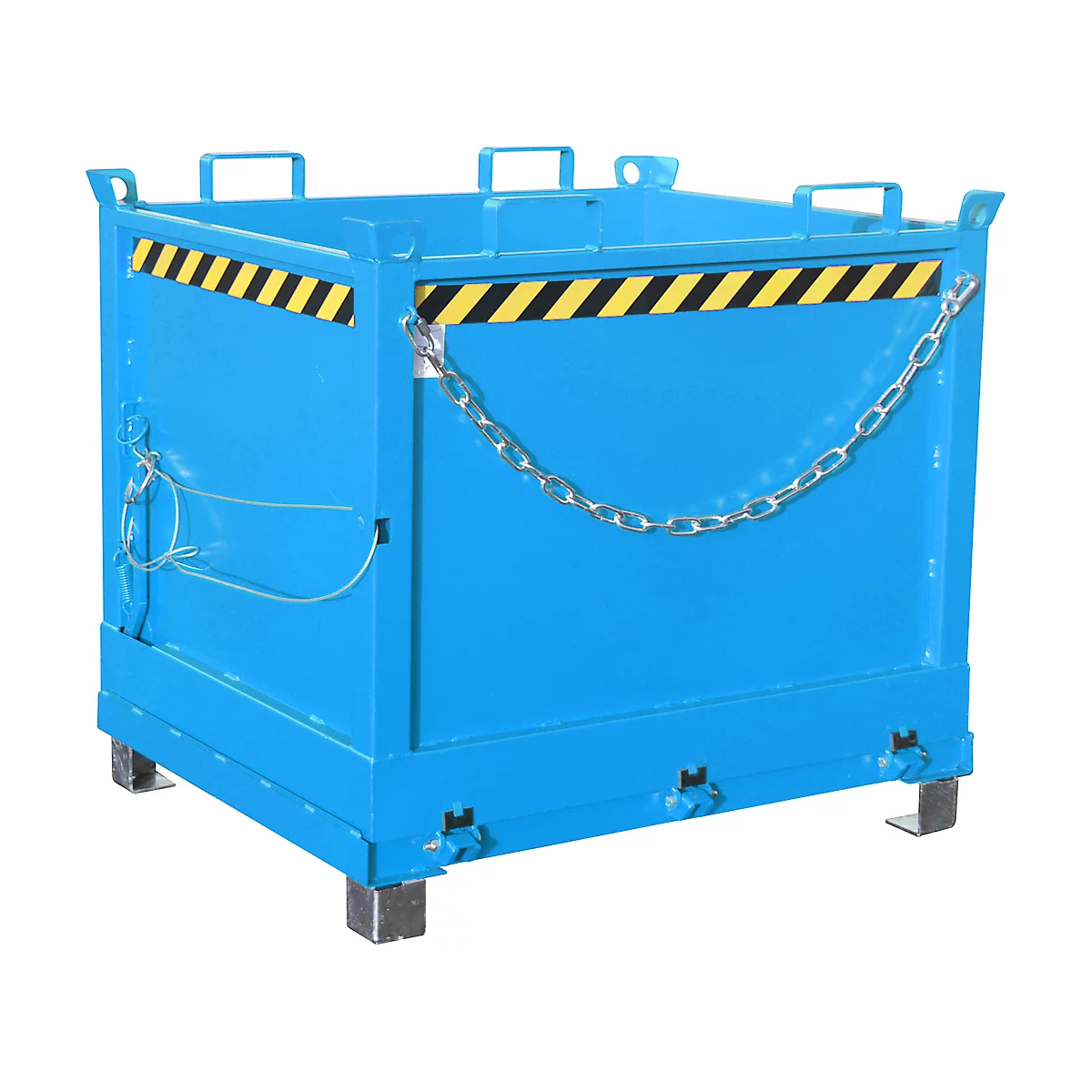 Blue metal box with yellow and black warning stripe and chain. Carrying handles are on the sides.