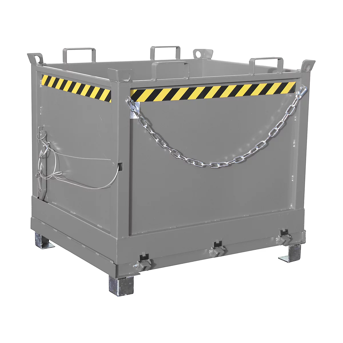 Grey metal box with handles, yellow and black warning stripe, and chain.