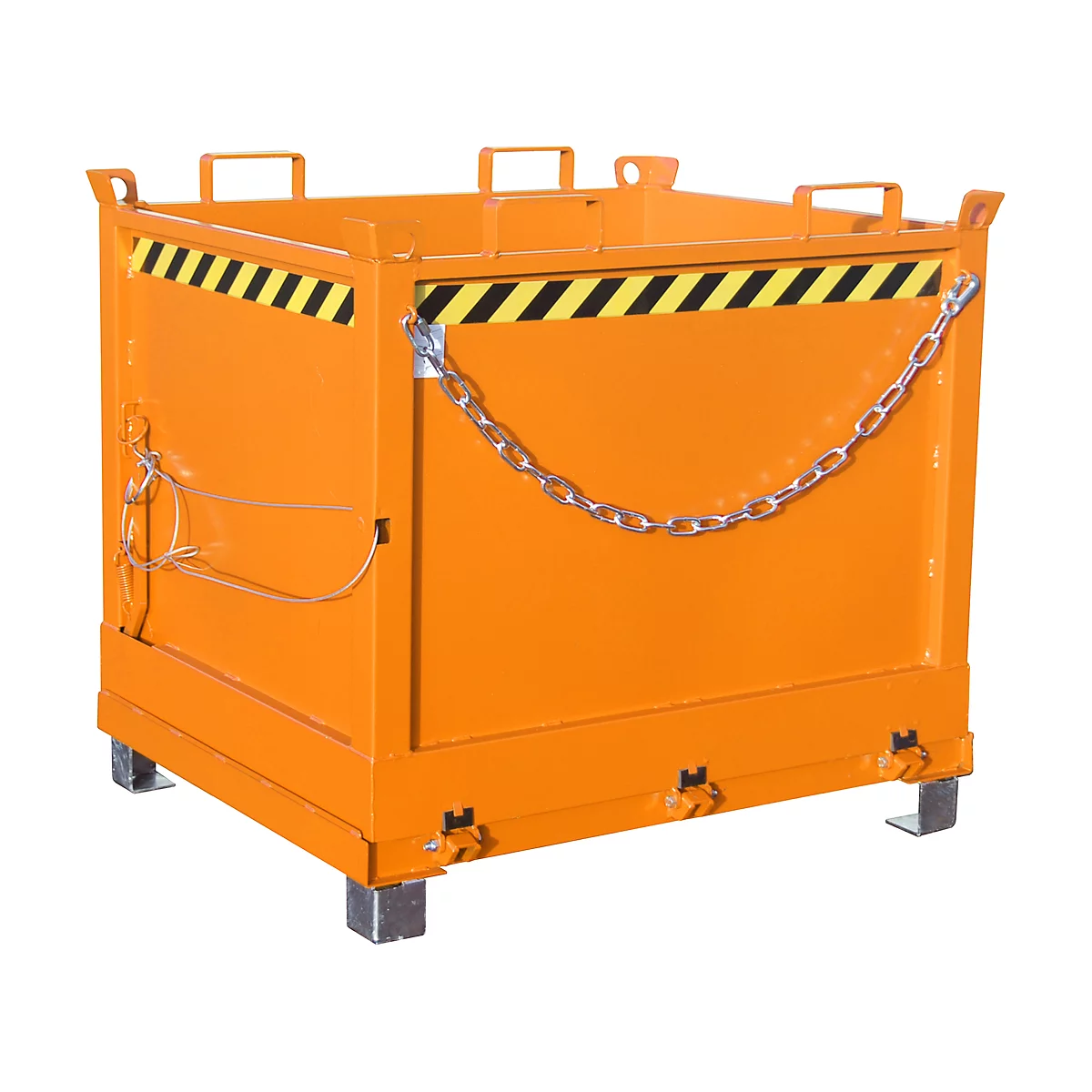 Orange metal container with black and yellow warning stripes, chain and handles.