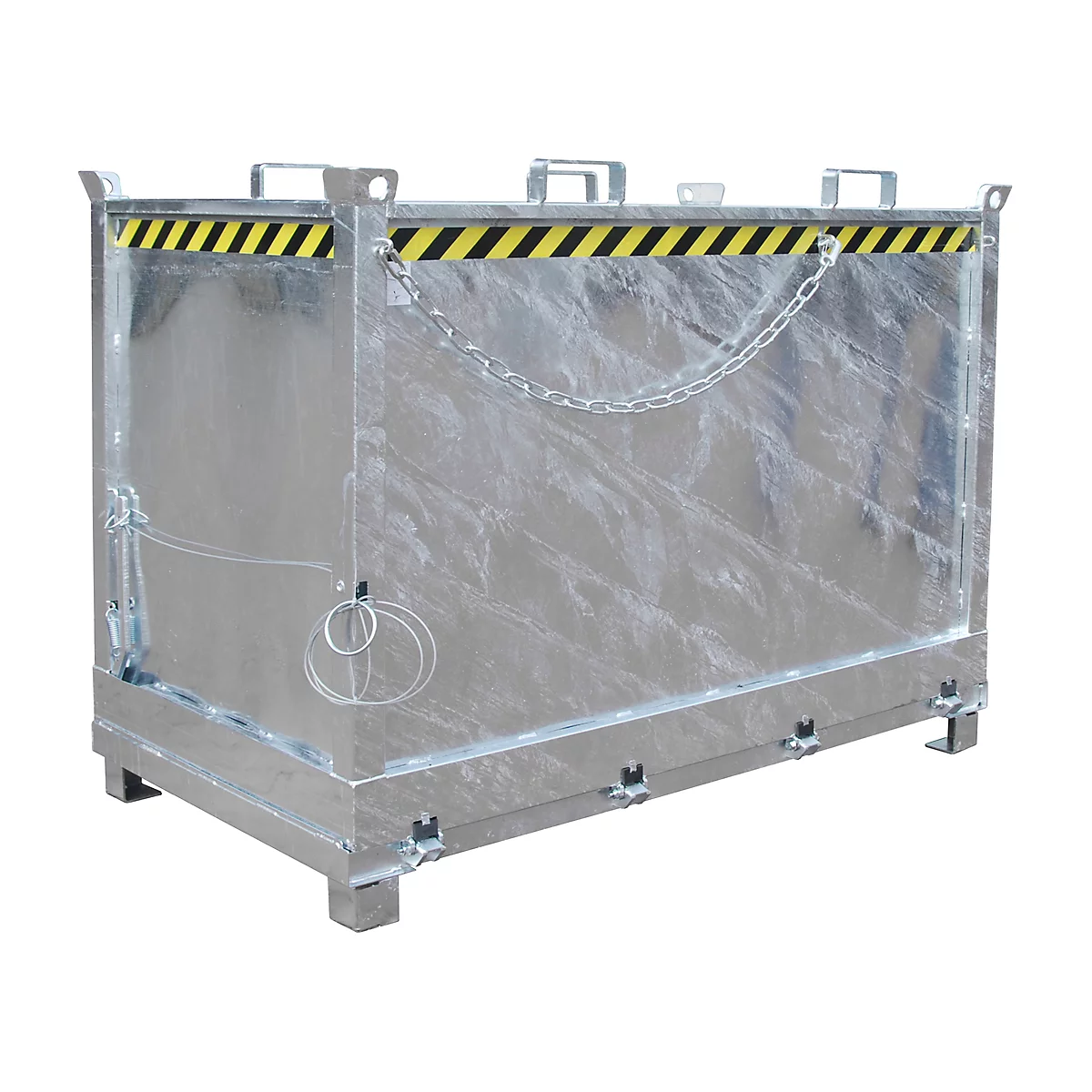 Grey metal container with a black and yellow warning stripe and chain. Handles on top, feet on the bottom.