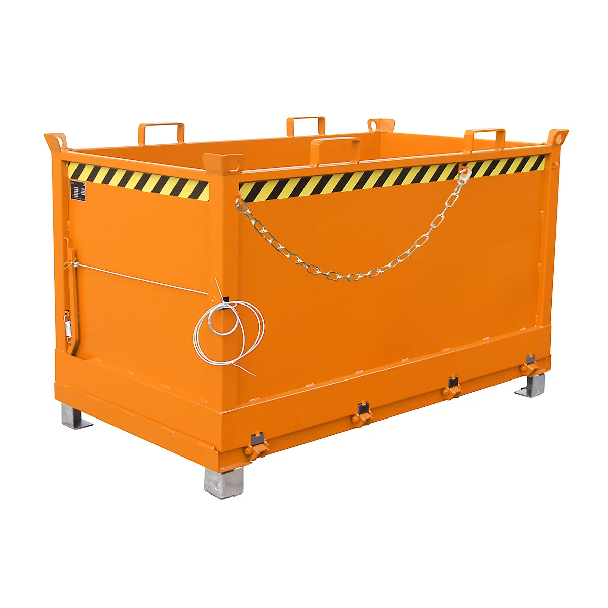 An orange metal box with a chain guard, yellow-black markings, and white cables. Standing on feet.