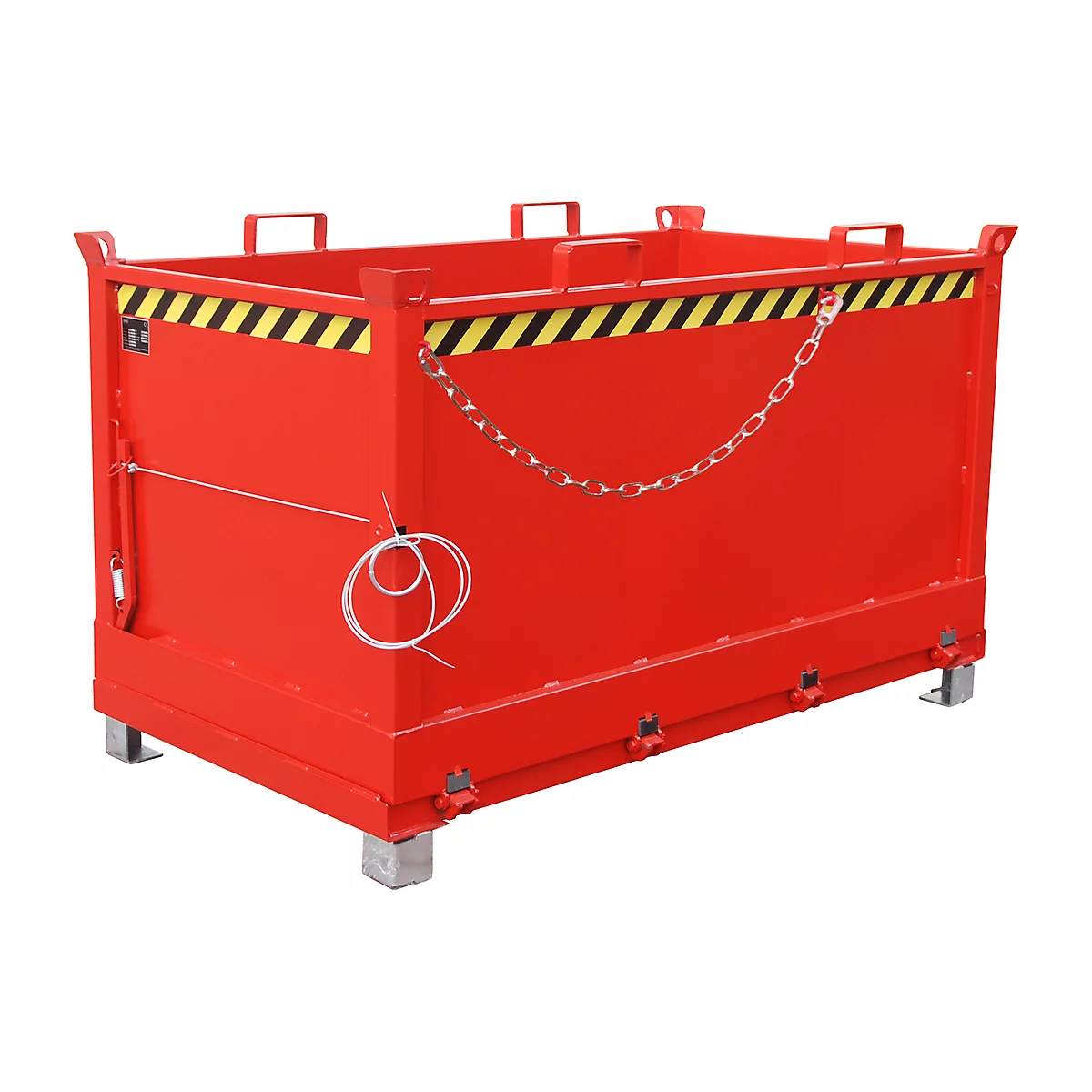 Red, metallic transport box with chain closure, yellow-black warning stripe and feet. Handles on top.