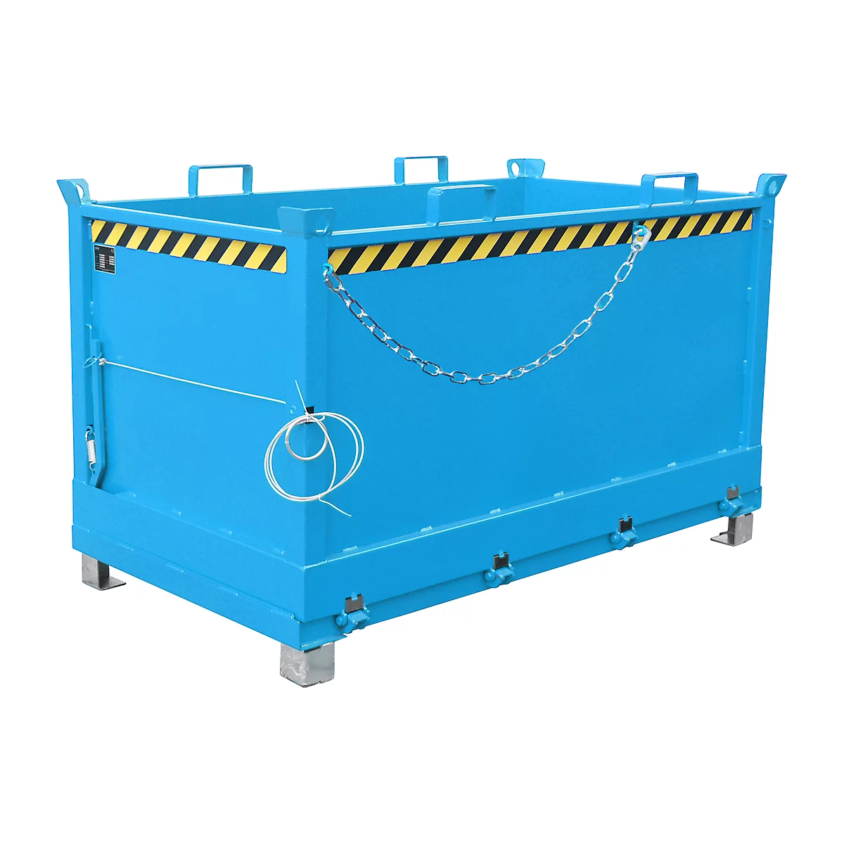 Blue metal box with handles, chain and yellow-black warning stripes. Standing on feet.