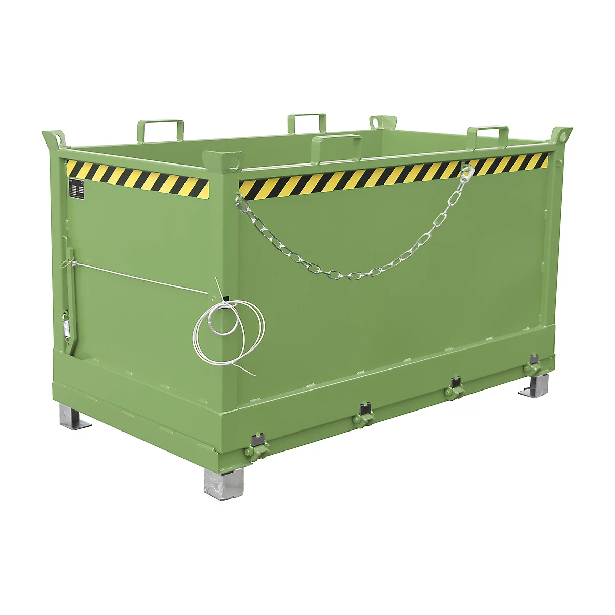 Green metal transport container. Yellow and black warning markings. Chain closure and handles.
