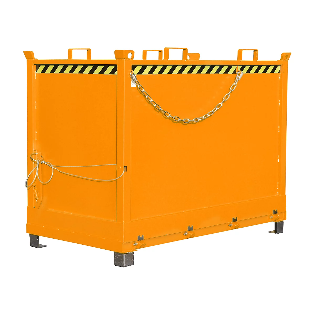 An orange steel container with black and yellow warning tape. A chain is attached to the side.
