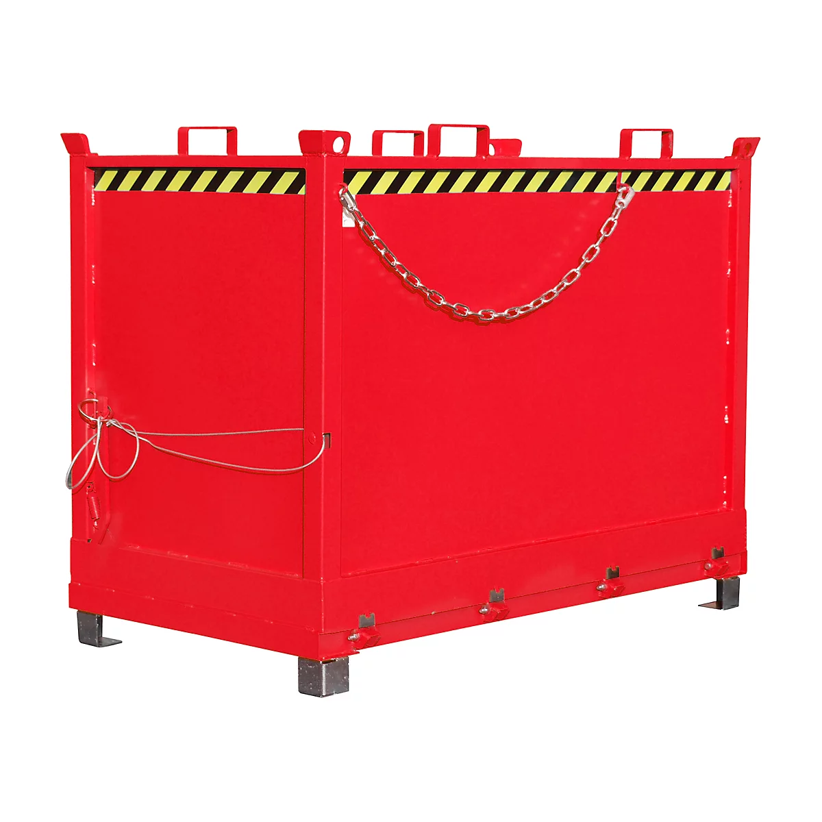 Red transport box with chain and handles. Yellow-black warning stripe at the top. Feet and a wire.