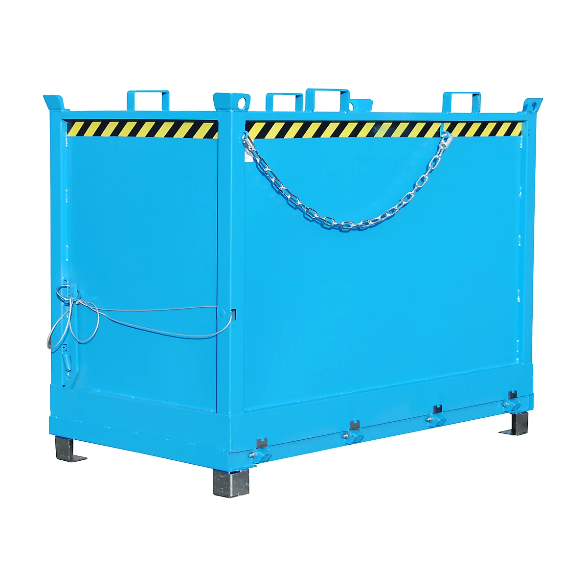 Blue metal container with yellow and black warning stripes. Handles on top and a chain, a closure on the side.