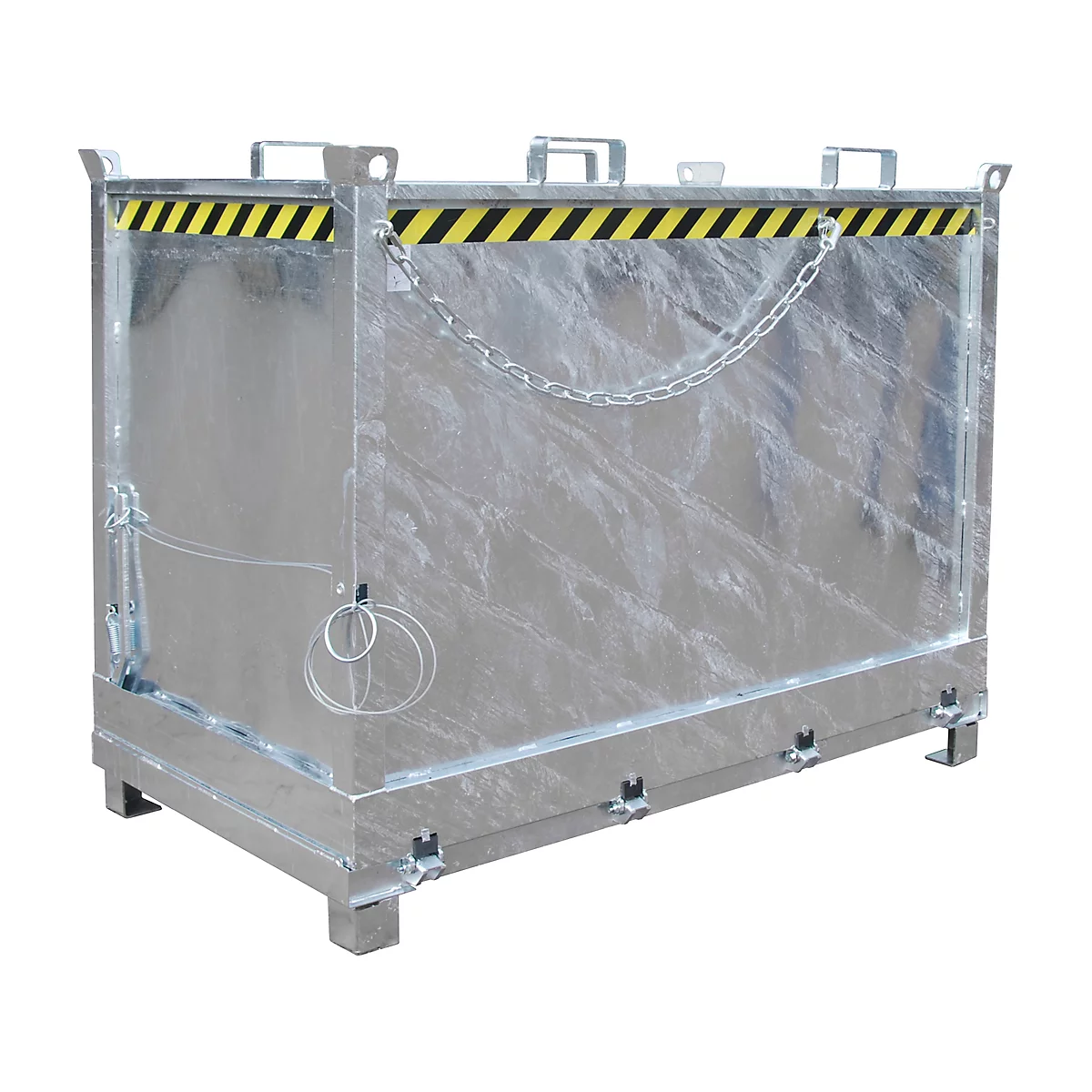 Rectangular metal container with black and yellow warning stripe. Chain and handles. On feet.