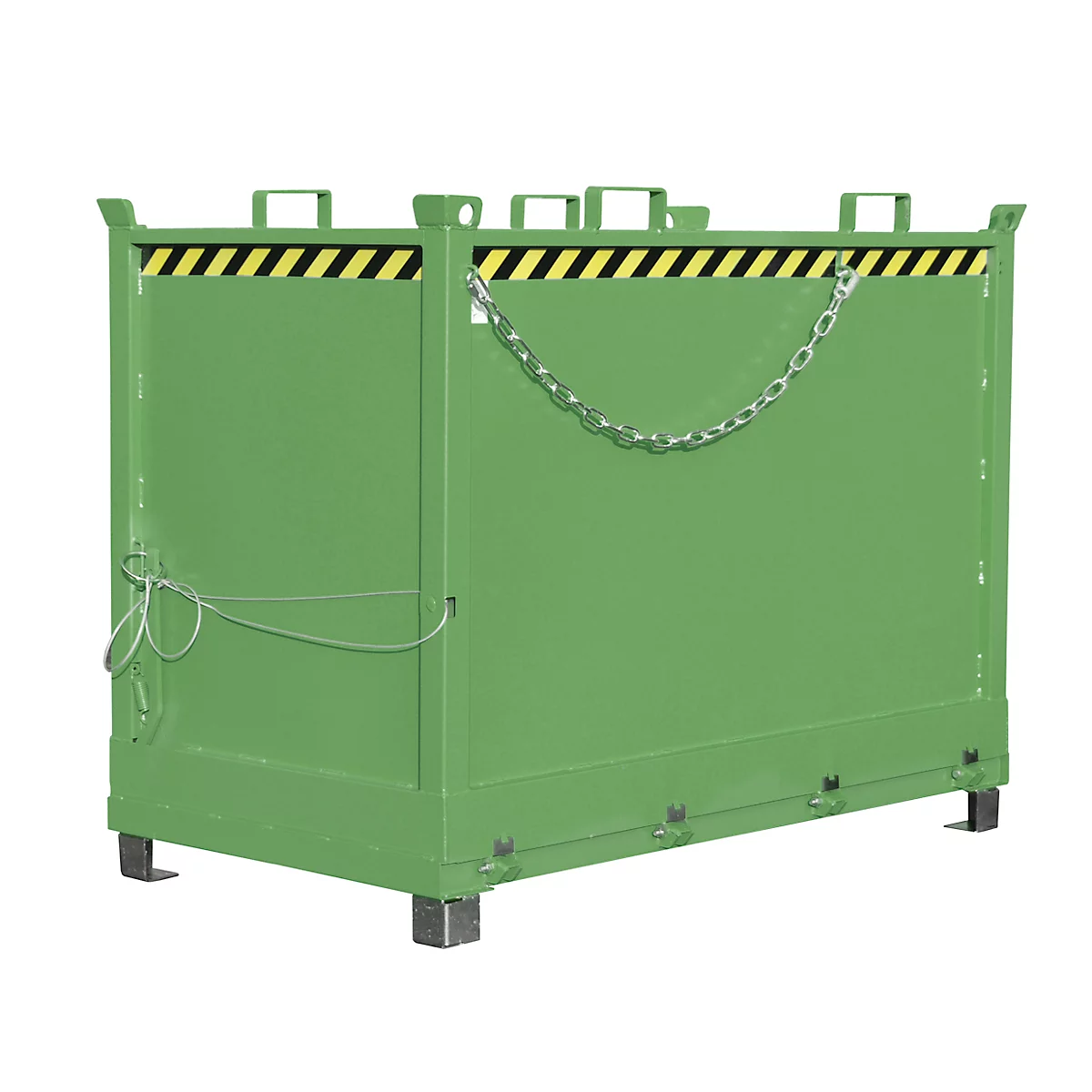Green metal box with black and yellow warning stripes and chain.