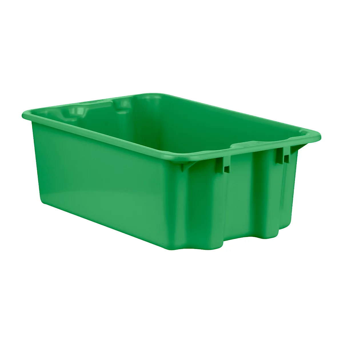 Green plastic storage box. Rectangular with rounded corners and small handles on the sides.