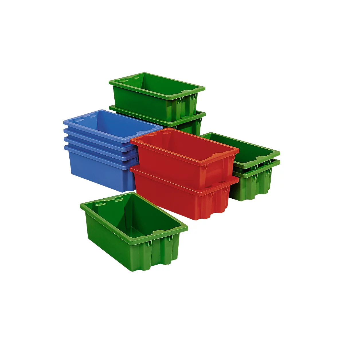 Several colorful plastic boxes: green, blue and red, stacked and side by side.