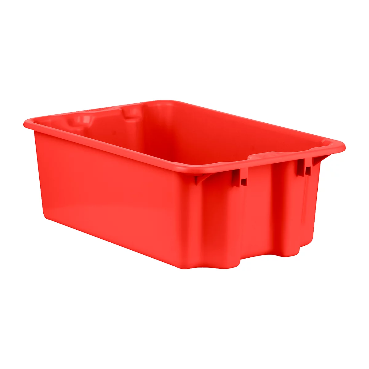 Red plastic box, rectangular, without lid. The sides have small handles.