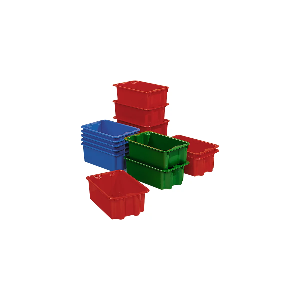 A collage of different colored storage boxes: red, green and blue.