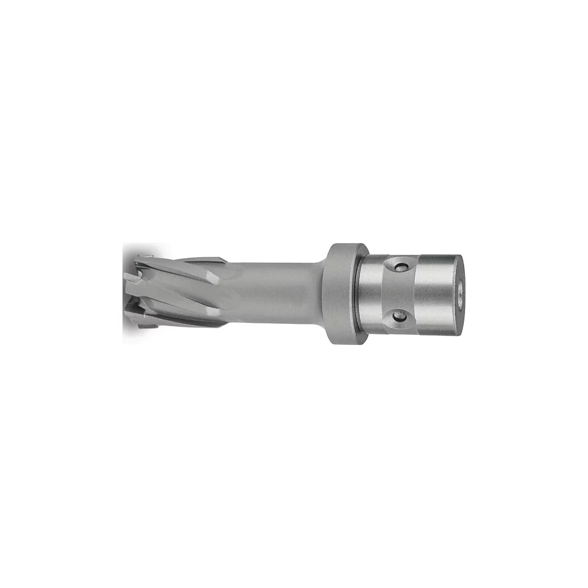 Gros plan d'une mèche en métal argenté, avec des arêtes de coupe visibles.