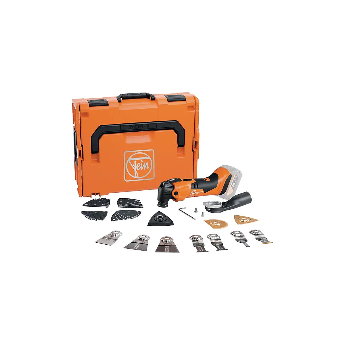 Mallette à outils orange avec multi-outil sans fil, accessoires et logo Fein.