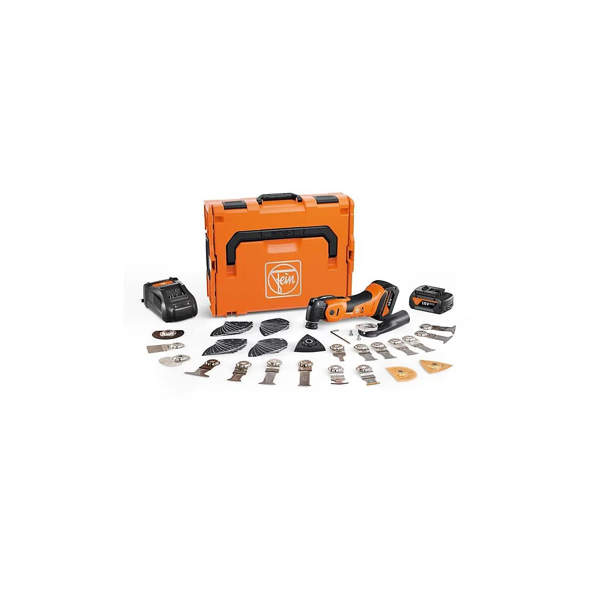 Boîte à outils orange avec un outil multifonction électrique, batteries et accessoires.