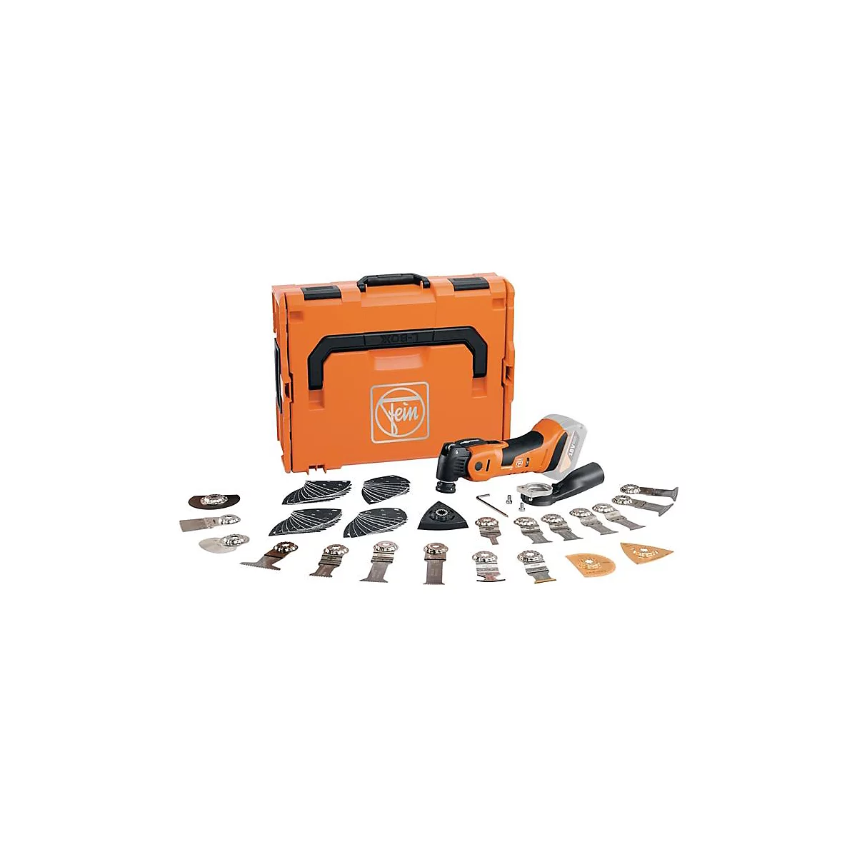 Une boîte à outils orange avec plusieurs outils, dont un outil multifonction et diverses lames de scie.