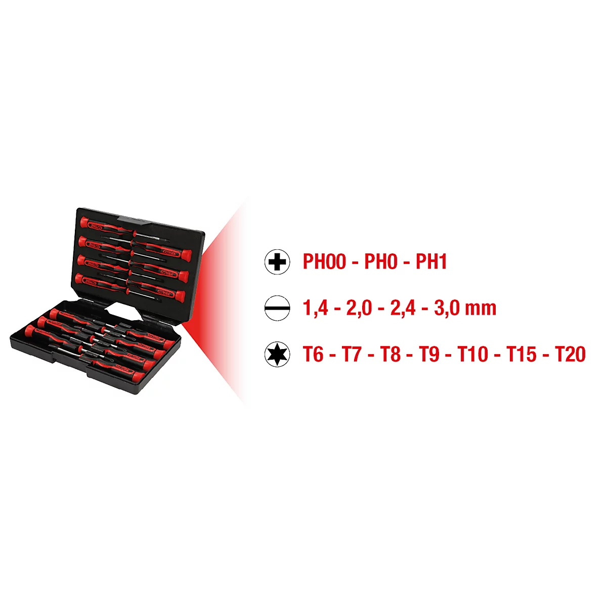 Schraubendreher-Set in schwarzem Koffer. Aufschrift: PH00-PH0-PH1, 1,4-2,0-2,4-3,0 mm, T6-T7-T8-T9-T10-T15-T20.