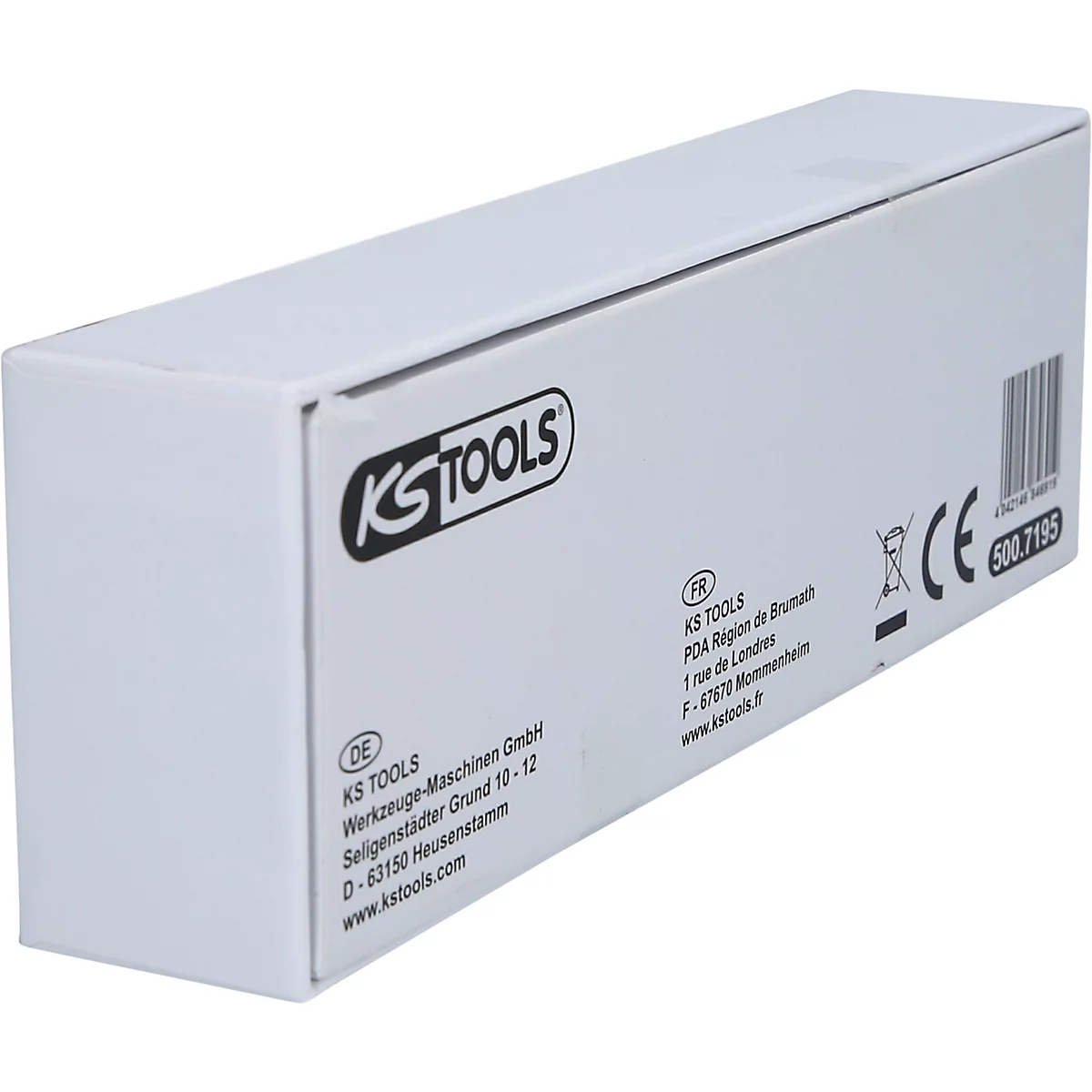 Weißer Karton mit KS TOOLS Logo und Produktinformationen. Aufdruck: Adresse, CE-Zeichen, Barcode und Artikelnummer.