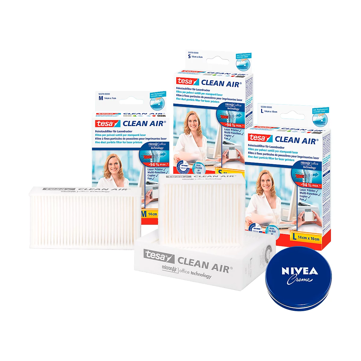 Feinstaubfilter tesa® Clean Air®, für Drucker/Fax/Kopierer, Größe M + 1 x 75 ml Dose Nivea-Creme GRATIS