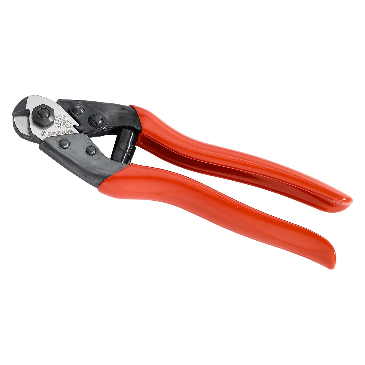 A red cable cutter lies on a white background. The handles are red, the cutting head is silver and black.