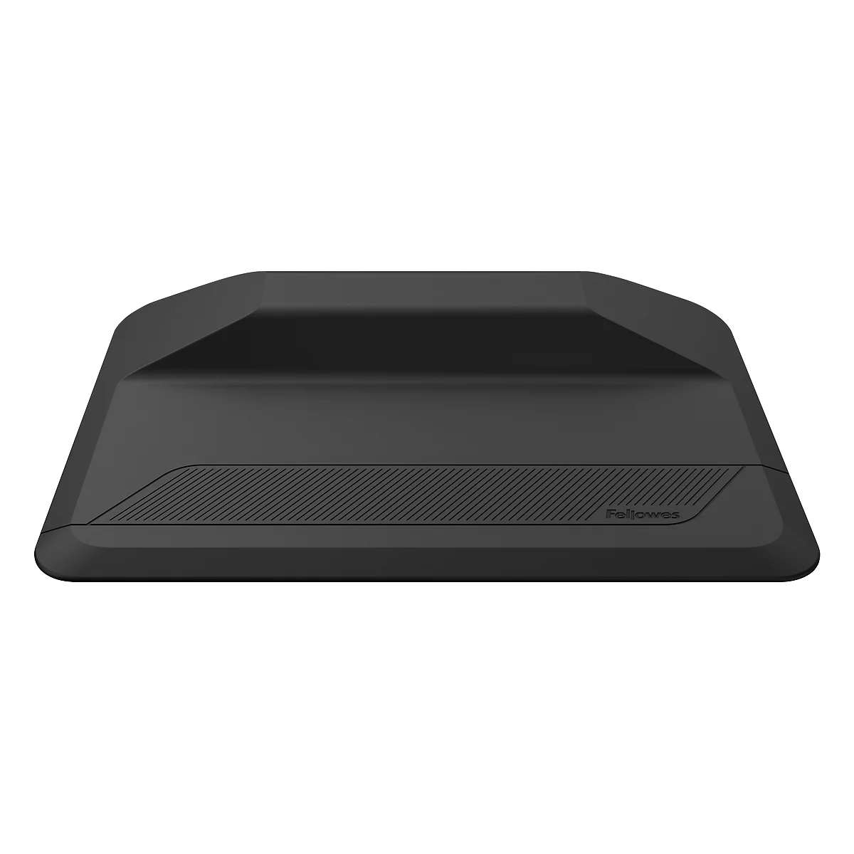 Black ergonomic standing mat with slightly raised area, ribbed pattern and company logo.