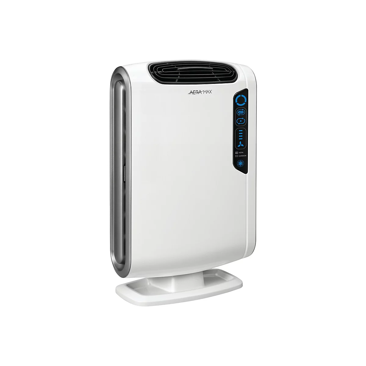 Un purificateur d'air blanc avec des commandes bleues et l'inscription 'AeraMax'. Le filtre repose sur un socle.